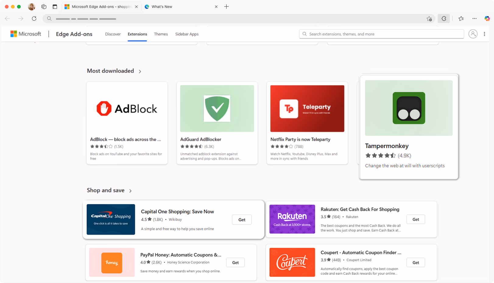 Microsoft Edge Add-ons 商店的屏幕截图，其中显示了流行的扩展，包括广告拦截器、Netflix Party、Tampermonkey 以及 Honey 和 Rakuten 等购物工具。
