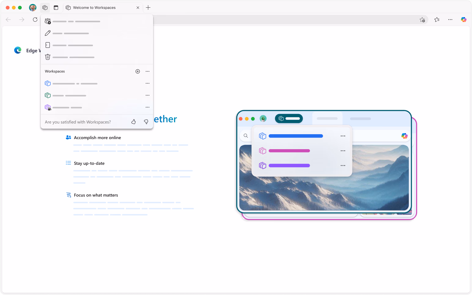 打开工作区功能的 Microsoft Edge 浏览器窗口，显示不同的项目类别以便更好地组织。