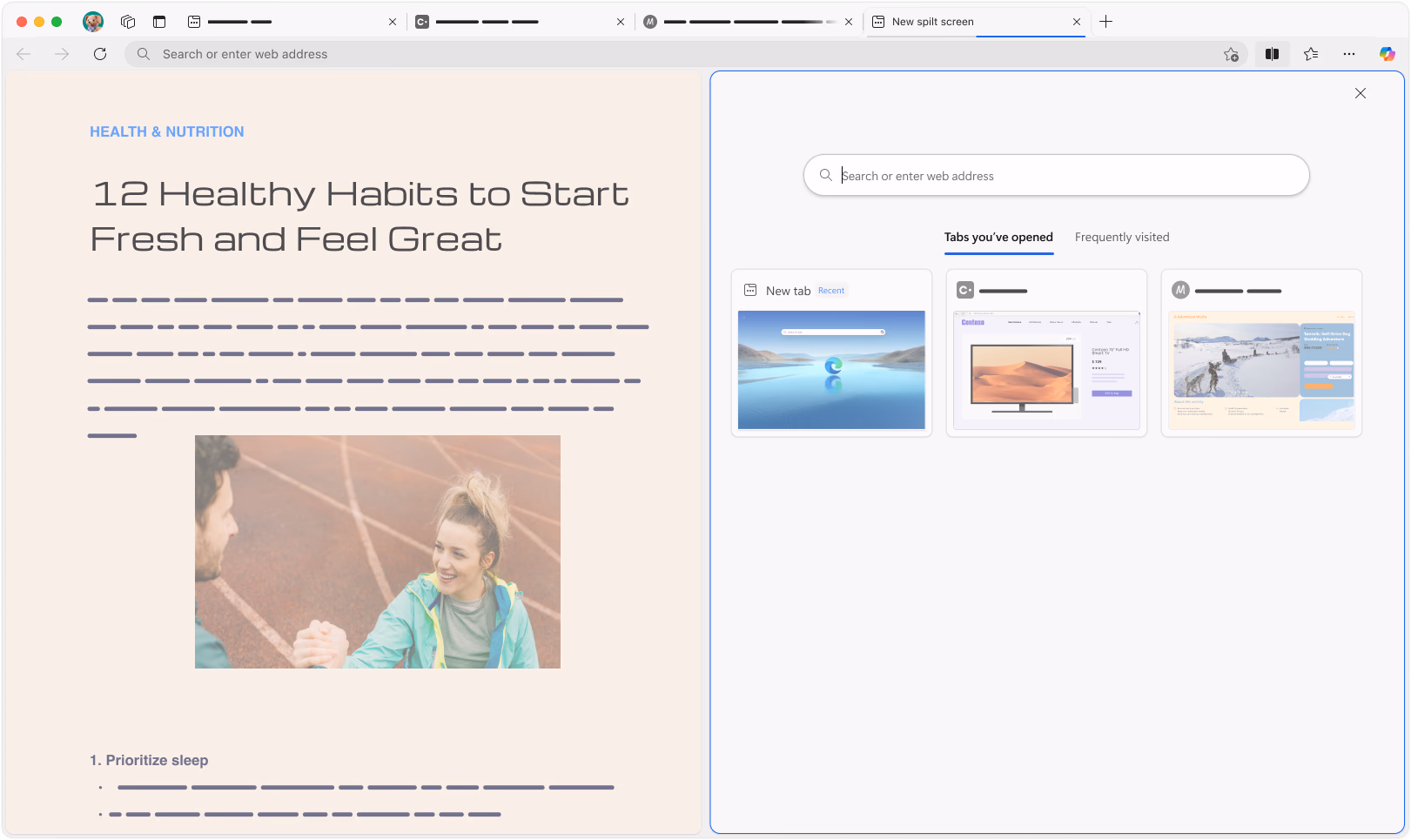 分屏模式下的 Microsoft Edge 浏览器，并排显示两个不同的网页。
