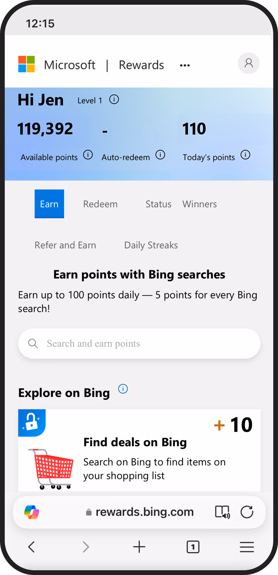 <p>展示 Microsoft Rewards 计划的智能手机屏幕模型，突出了在手机上的 Microsoft Edge 中使用 Bing 搜索的好处。</p>